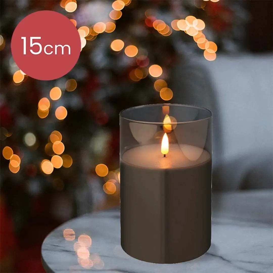 LED kaars cedar bruin met rook grijs glas en vlam effect