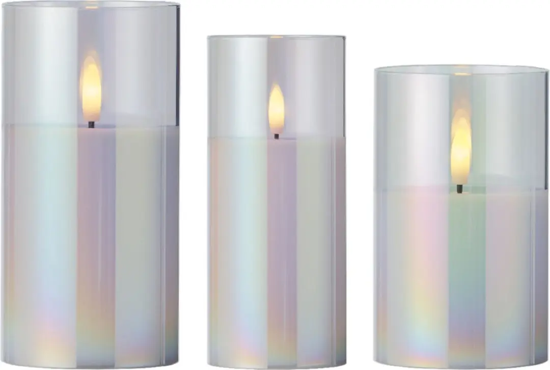 Lumineo luxe LED kaarsen - in glas - 3x st - transparant parelmoer - stompkaarsen - timer - stompkaarsen
