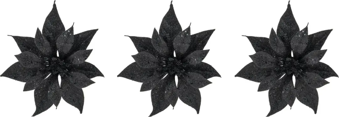 6x stuks decoratie bloemen kerststerren zwart glitter op clip 18 cm