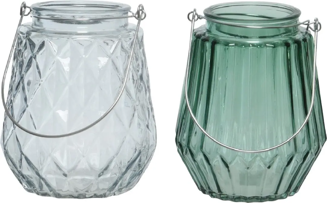 Set van 2x stuks theelichthouders/waxinelichthouders ruit/streep glas ijsblauw e