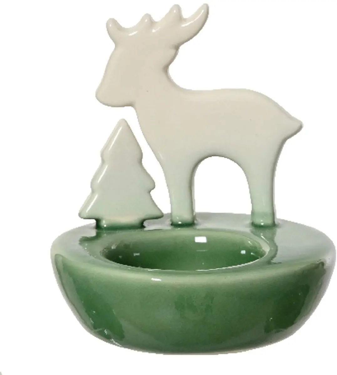 Kaemingk Theelichthouder Hert en Den Groen-Wit Ø 8,5x9 cm