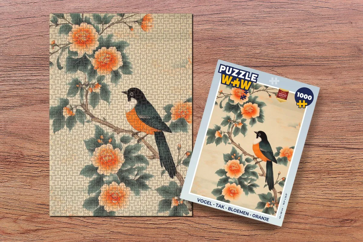 PuzzleWow Vogel Tak Bloemen Legpuzzel 1000 Stuks - Oranje