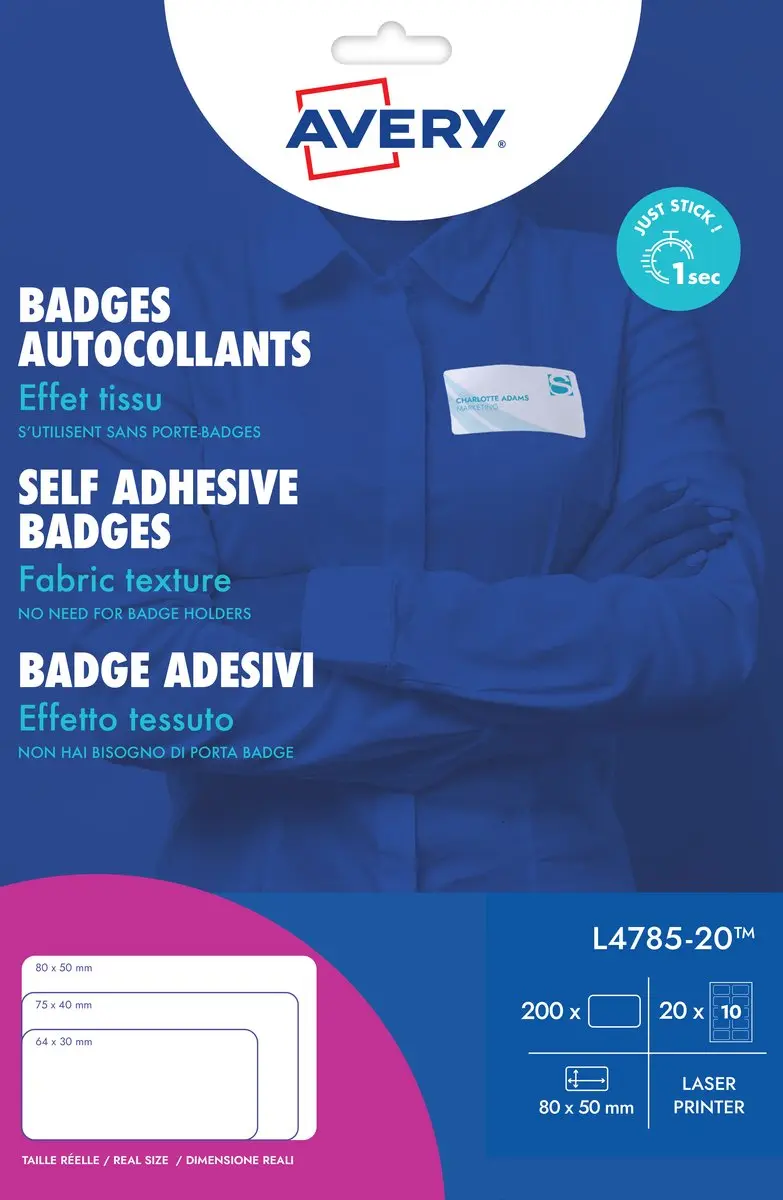 Naambadge etiket avery l4785-20 80x50mm 200st