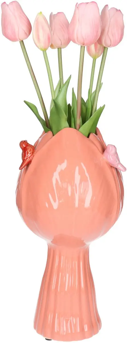 Countryfield Vaas Tulip but w/bird aardew L18B18H32CM d.roze