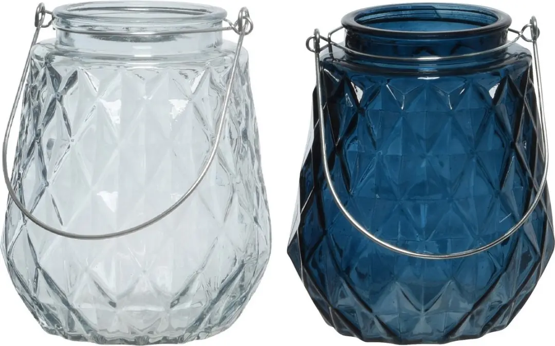 Set van 2x stuks theelichthouders/waxinelichthouders ruitjes glas ijsblauw en do