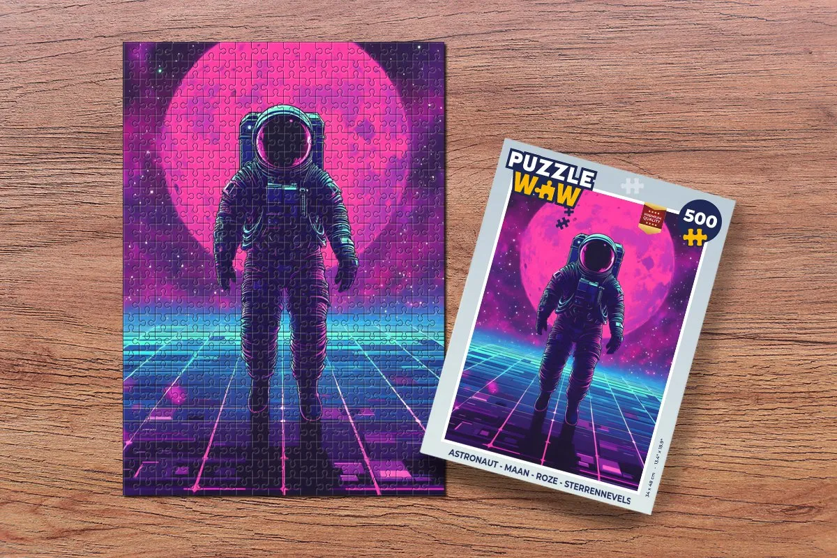 PuzzleWow Astronaut Maan Legpuzzel 500 Stuks - Roze Sterrennevel