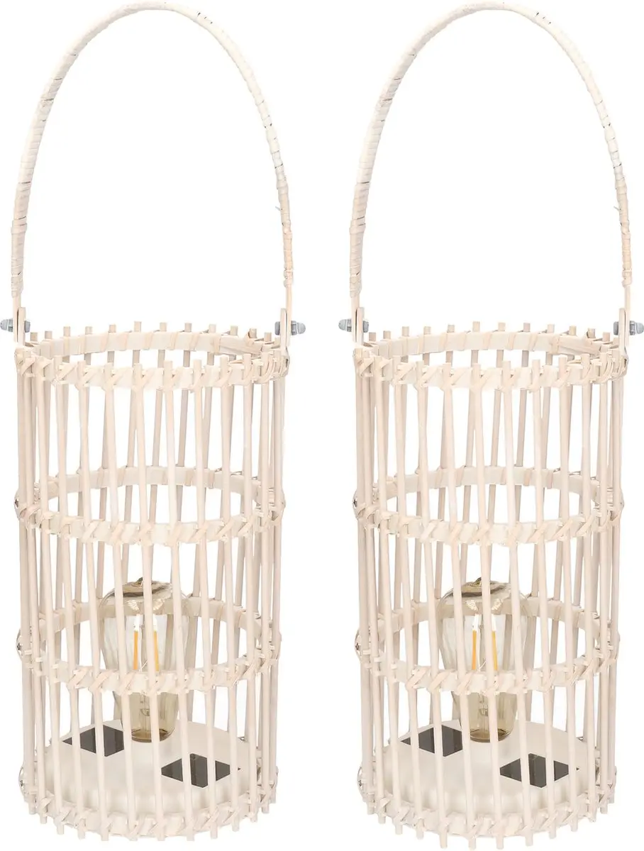 2x stuks 2x stuks witte ronde solar lantaarns van bamboe 32 cm