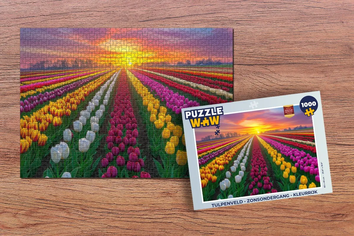 PuzzleWow Tulpenveld Zonsondergang Legpuzzel 1000 Stuks - Kleurrijk