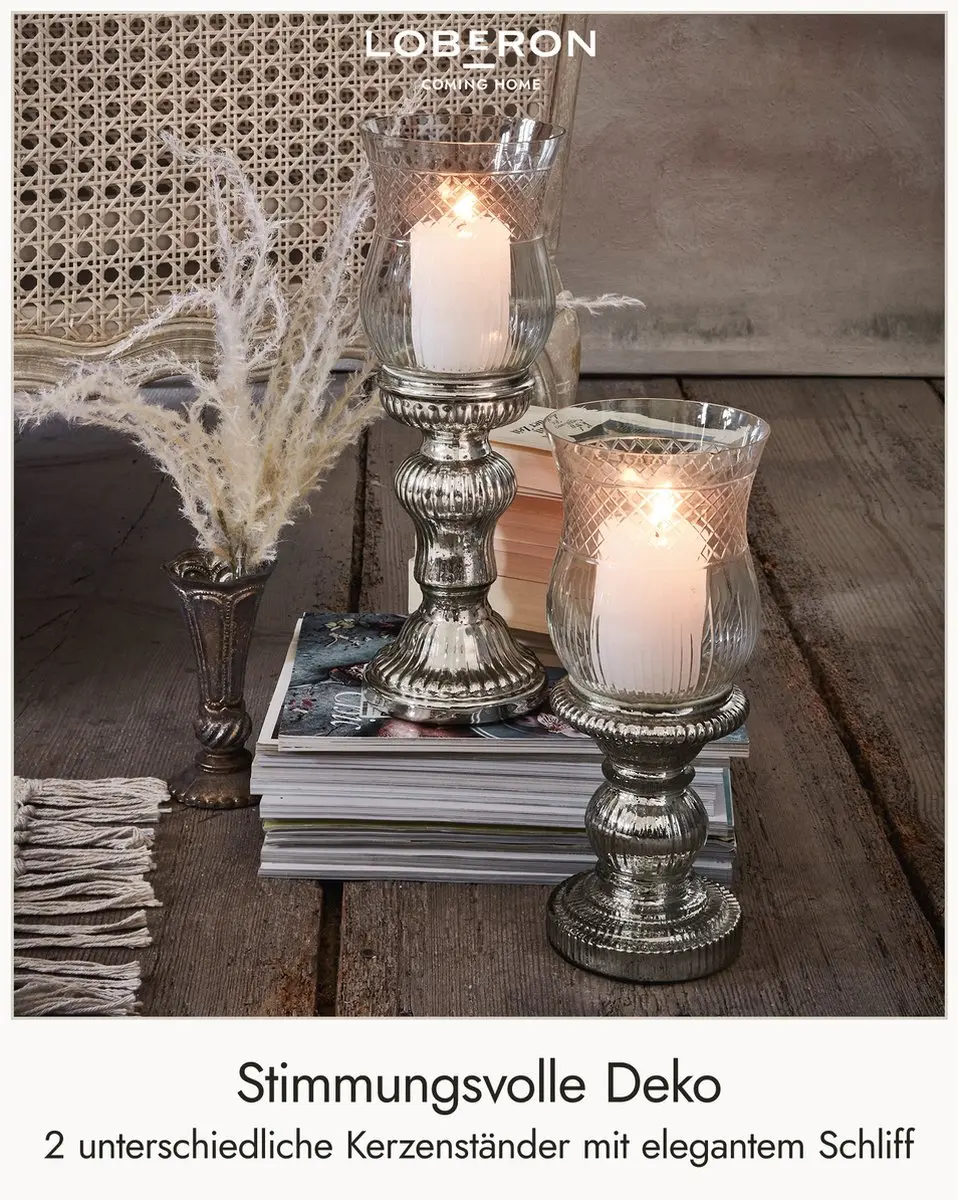 Loberon Kandelaar Set 2 Stuks - Zilverkleurig/Heldere Glas - afbeelding 2 van 6
