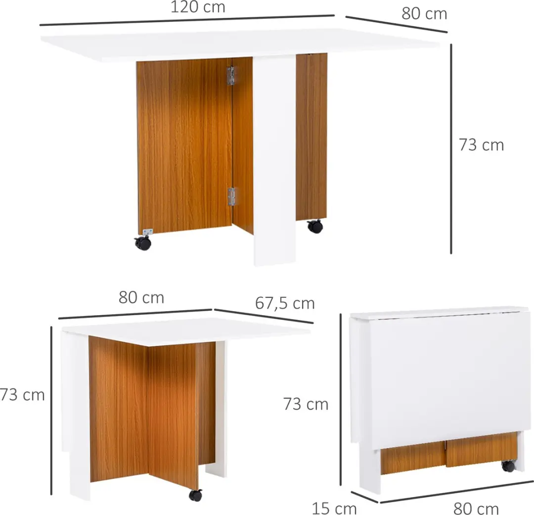Homcom Opklapbare Eettafel 120x80cm - Wit/Bruin - afbeelding 5 van 6
