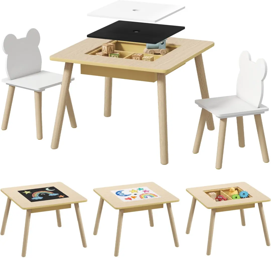 AIYAPLAY Kindertafel- en Stoelenset-MDF, Grenenhout-60L x 60B x 44H cm-Natuurhou