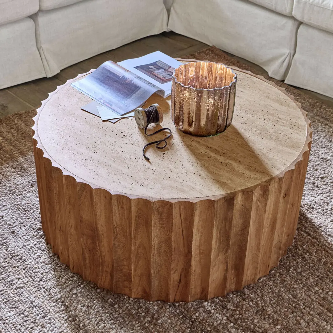 Loberon Olvéran Salontafel - Ø90cm - bruin/beige - afbeelding 3 van 6