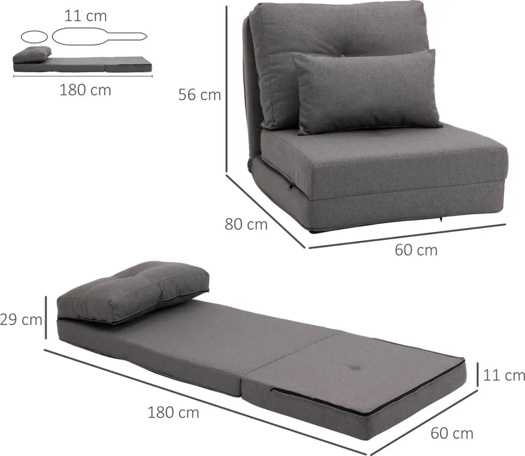 Homcom Opvouwbare Vloerfauteuil 2-in-1 - Donkergrijs - afbeelding 4 van 6