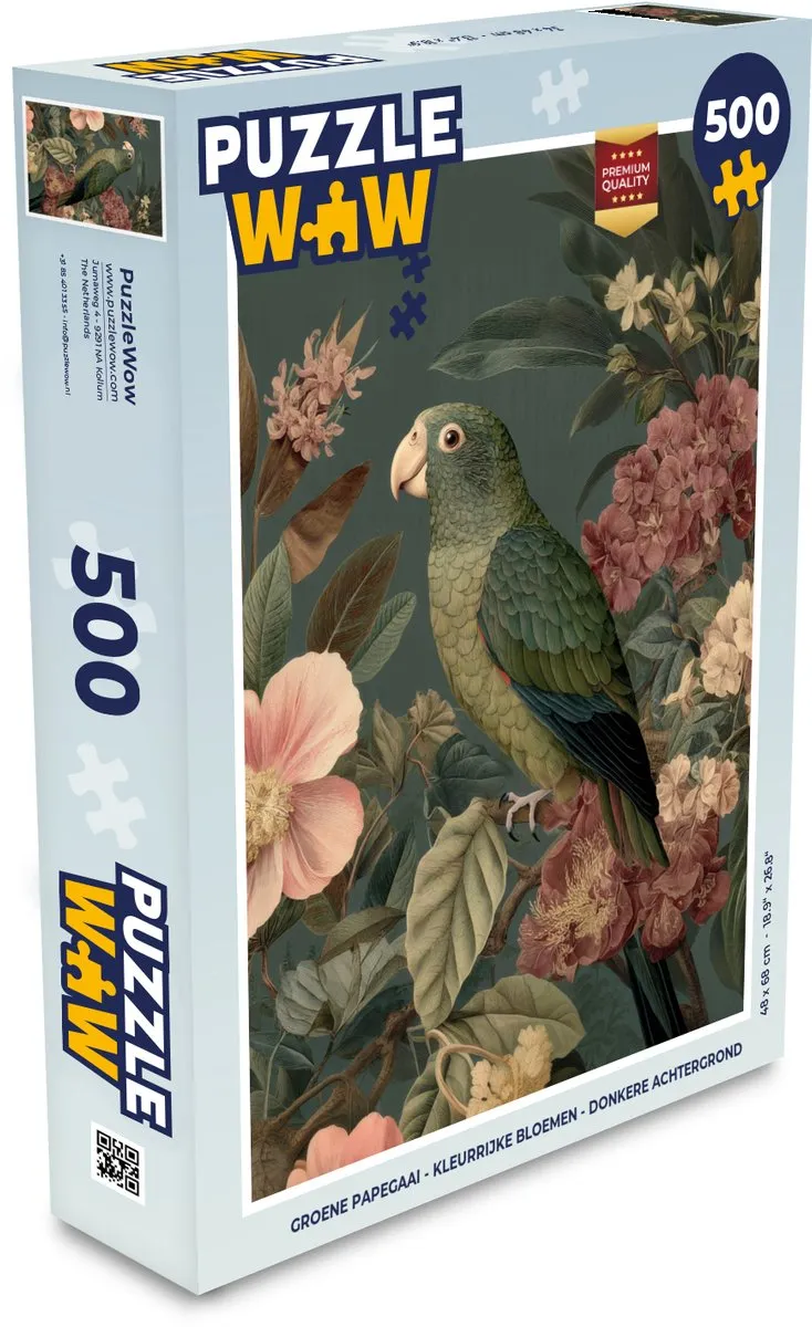 PuzzleWow Groene papegaai Legpuzzel 500 Stuks - Papegaai & Bloemen