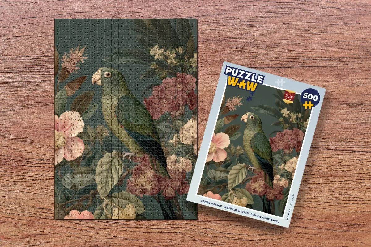PuzzleWow Groene papegaai Legpuzzel 500 Stuks - Papegaai & Bloemen