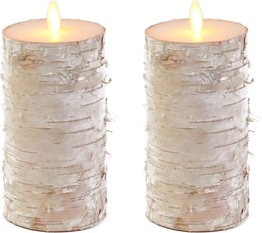 2x Witte berkenhout kleur LED kaars / stompkaars 15 cm
