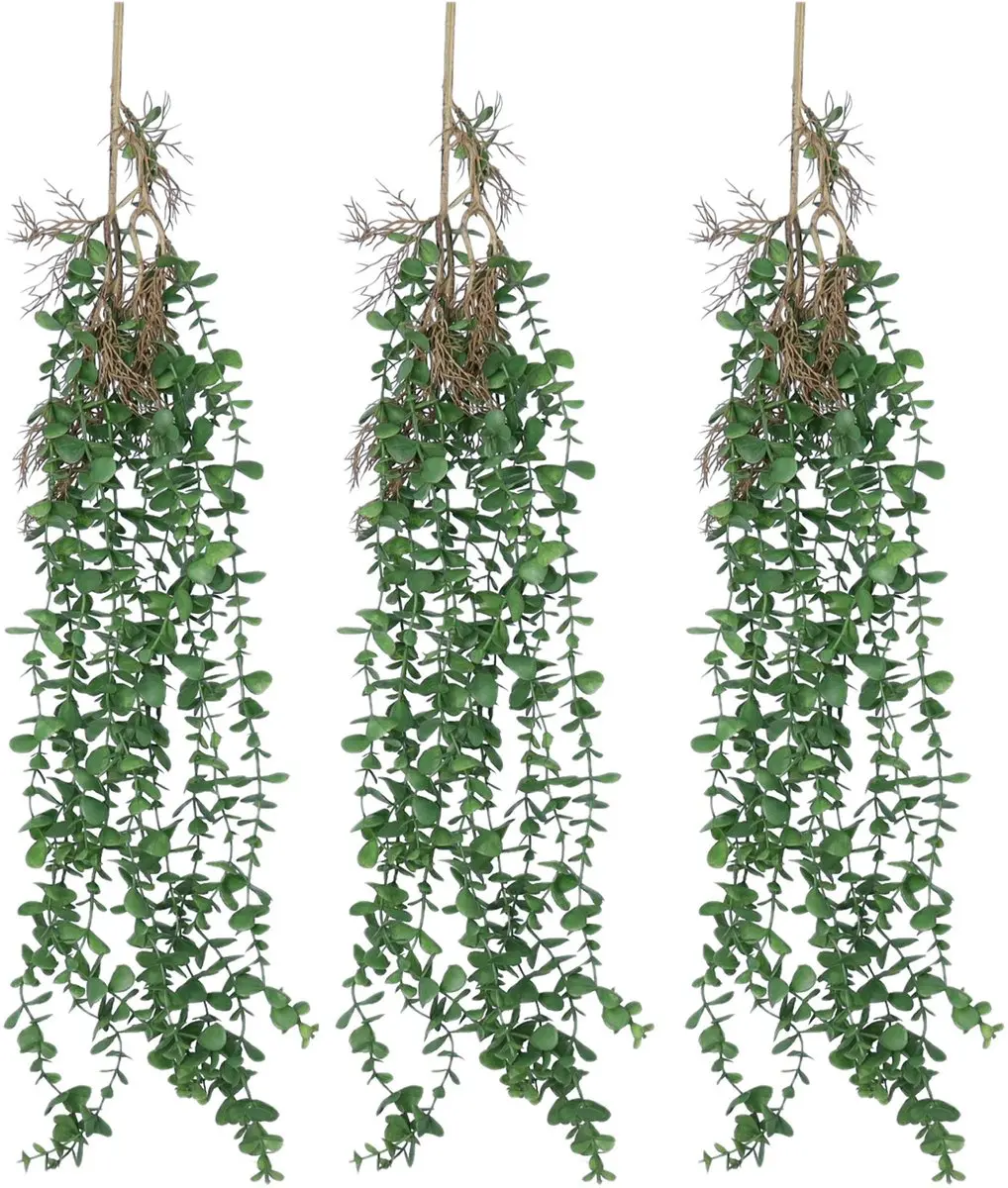 Bellatio Design Kunstbloem/kunsttak Eucalyptus hangend - 3x - 97 cm - groen - kunst hangplanten