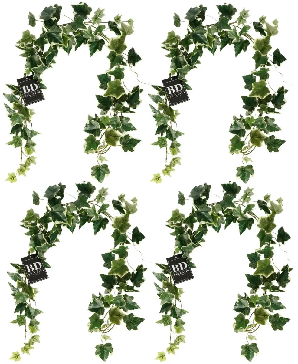 Bellatio Design kunstplant/hangplant slinger - 4x - Klimop/hedera - groen/wit - 180 cm - lang - planten guirlandes