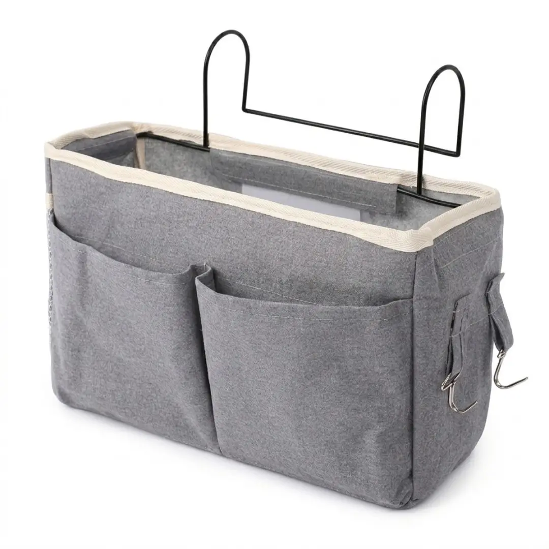 Grijs tijdschrift houder hangend bed opberg organizer stof met metalen haken opbergvak voor studenten slaapkamer en bank geschikt voor dames en heren