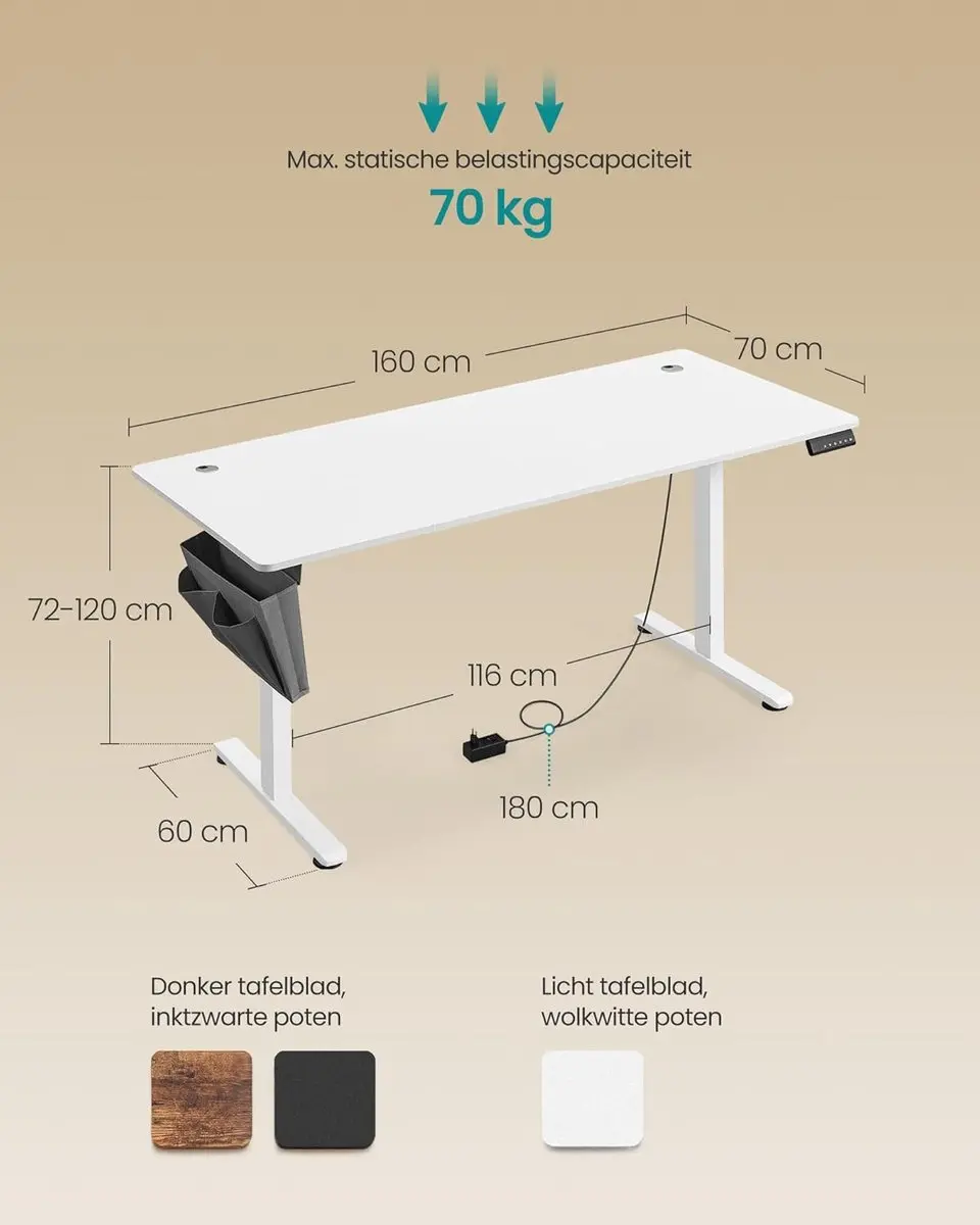 Songmics LSD136W01 Elektrisch Bureau - 70x160cm - Wit - afbeelding 2 van 6