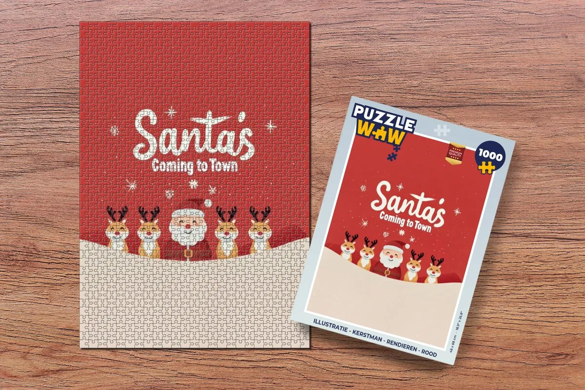 PuzzleWow 1000 Stuks Kerstpuzzel Kerstman & Rendieren - Rood