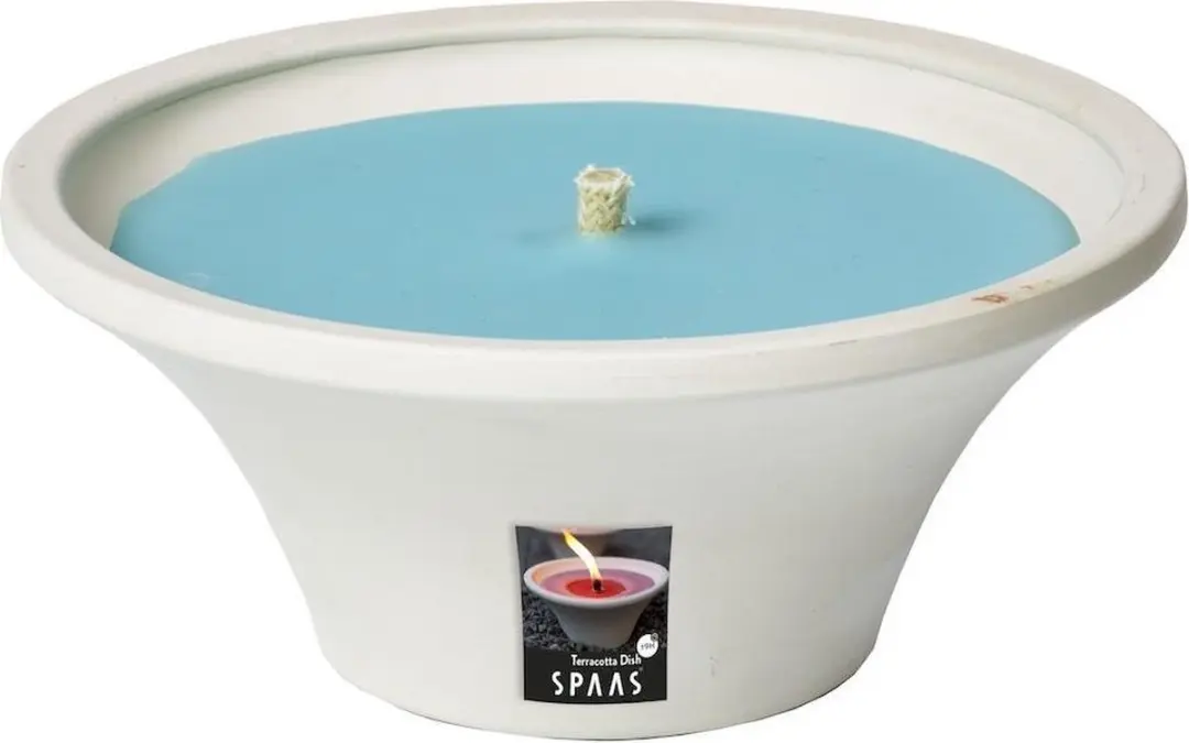 Terracottaschaal wit met kaars aquablauw
