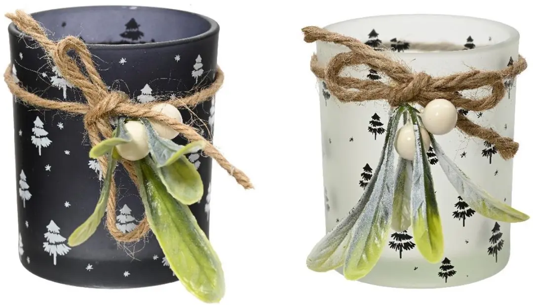 Decoris theelichthouder glas kerst maretak zwart-wit decoratie.