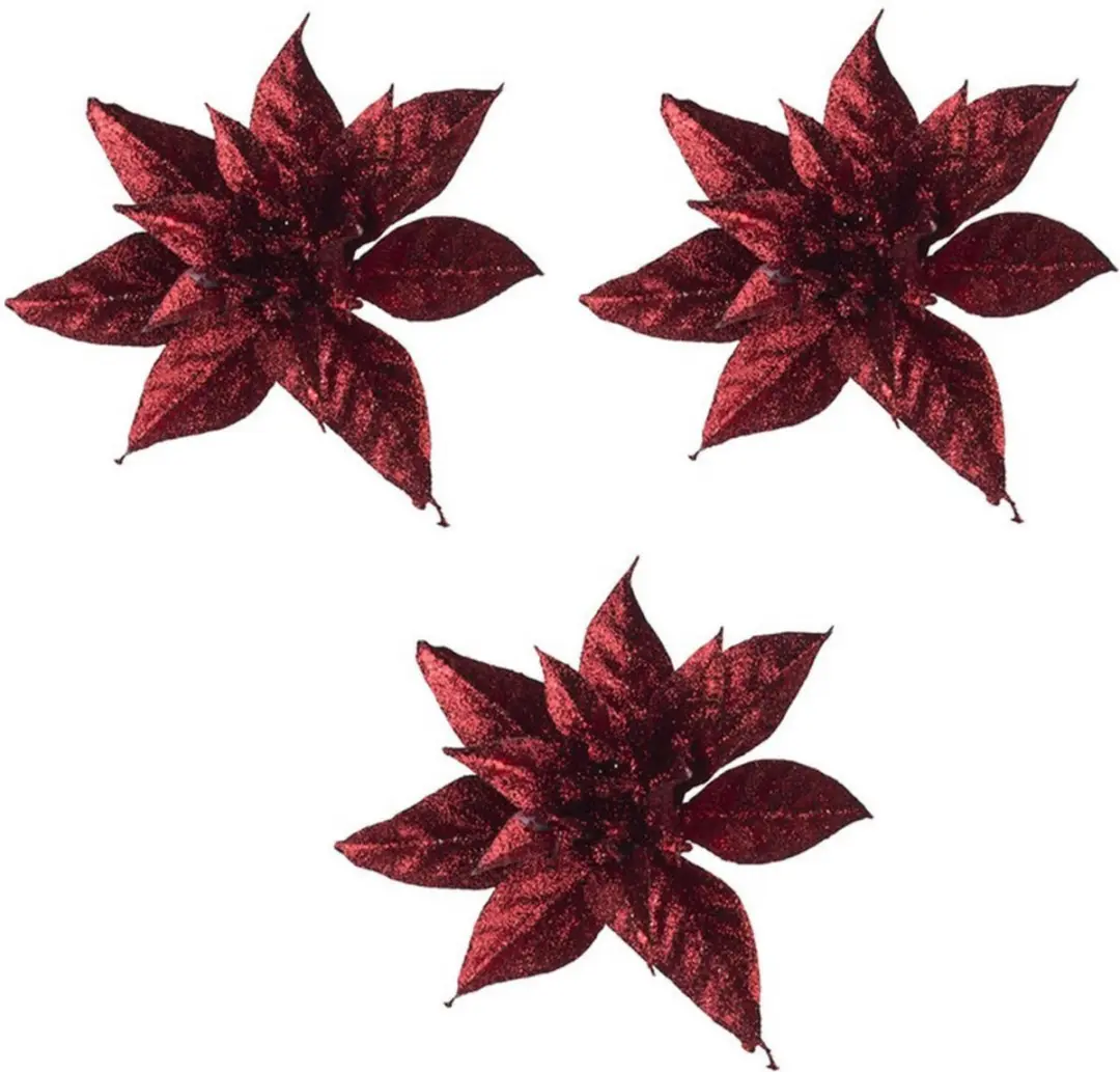 6x Kerstboomversiering op clip bordeaux/donkerrode glitter bloemen 8 cm- kerstbo