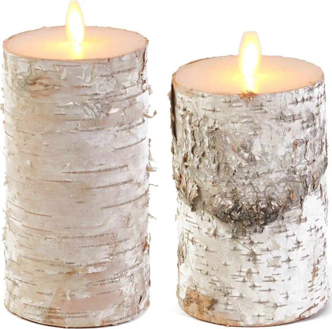 Set van 2x stuks Wit berkenhout Led kaarsen met bewegende vlam