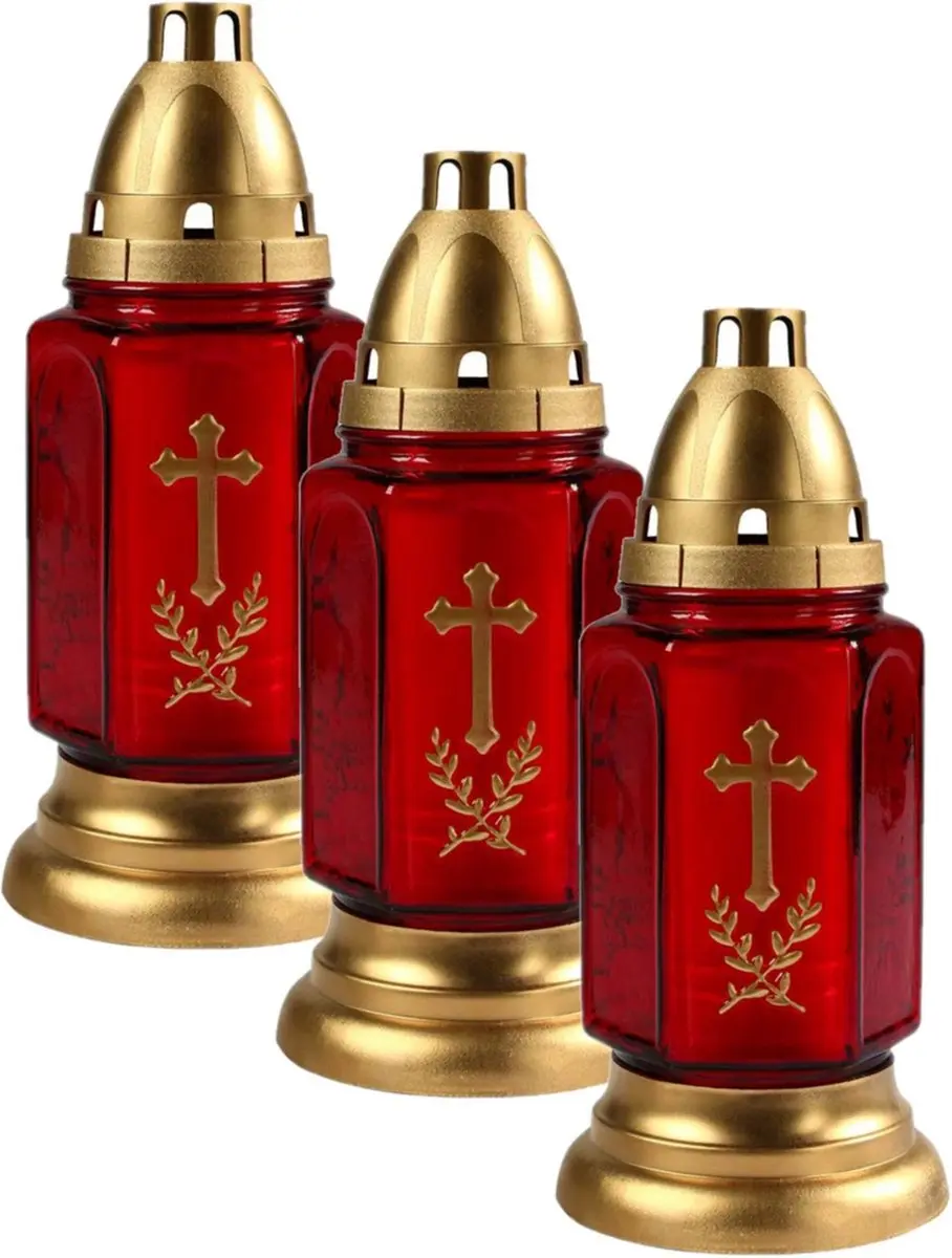 4x stuks grafkaarsen/gedenklichten met deksel rood/goud 11 x 24 cm