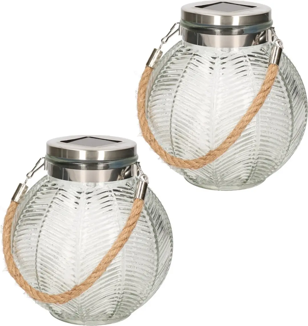 2x stuks transparante solar lantaarn van gestreept glas rond 16 cm