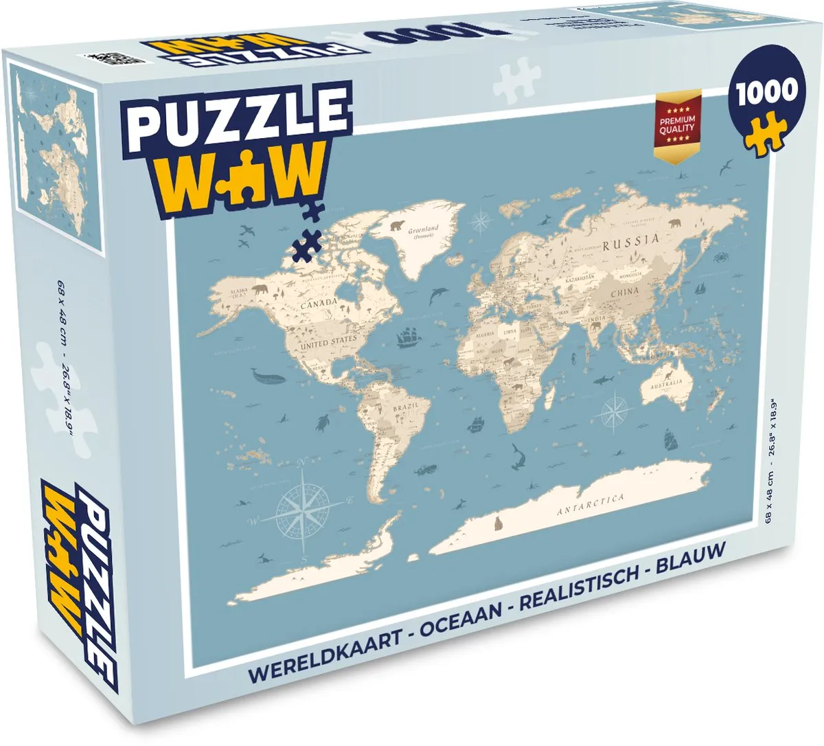 PuzzleWow Wereldkaart Oceaan Puzzel 1000 Stuks - Blauw