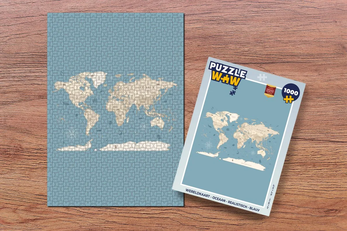 PuzzleWow Wereldkaart Oceaan Puzzel 1000 Stuks - Blauw