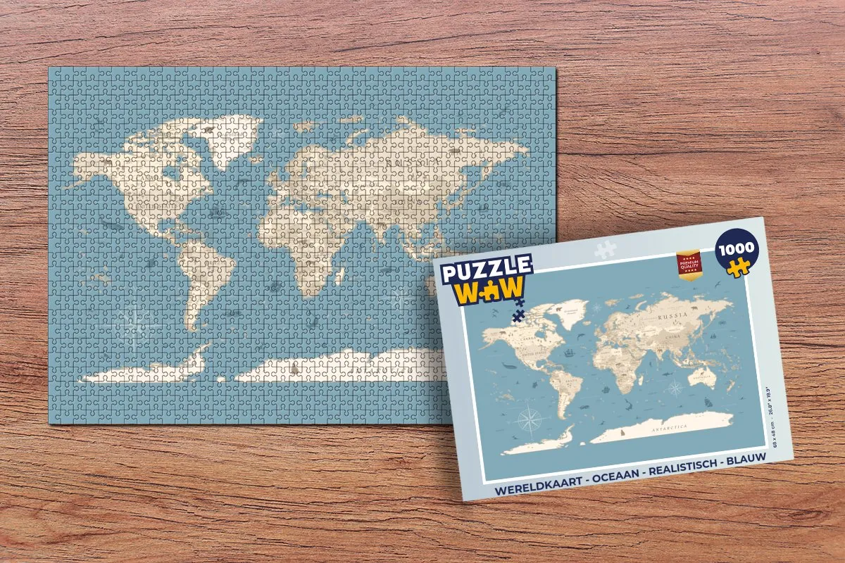PuzzleWow Wereldkaart Oceaan Puzzel 1000 Stuks - Blauw
