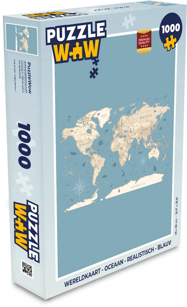 PuzzleWow Wereldkaart Oceaan Puzzel 1000 Stuks - Blauw