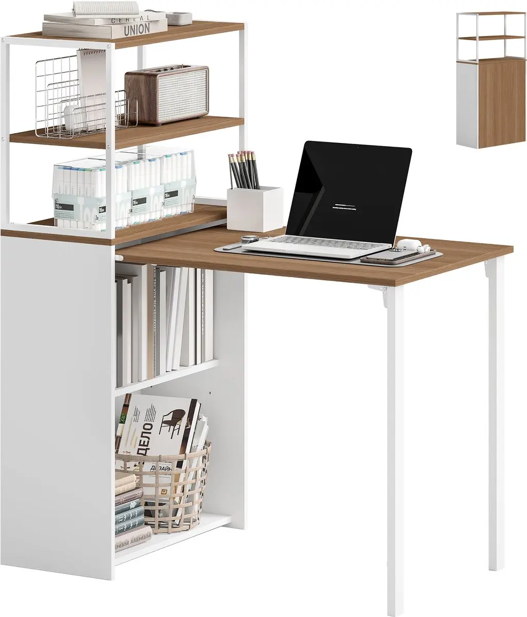 Homcom Desk with Shelves-Spaanplaat, Staal-105L x 60B x 127H cm-Natuurhout