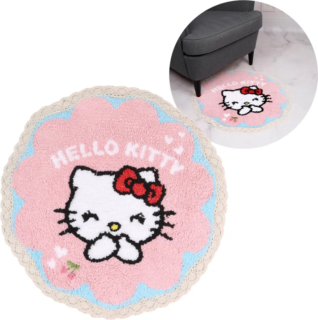 Hello Kitty Ronde deken, roze, antislip, met kant 60x60cm