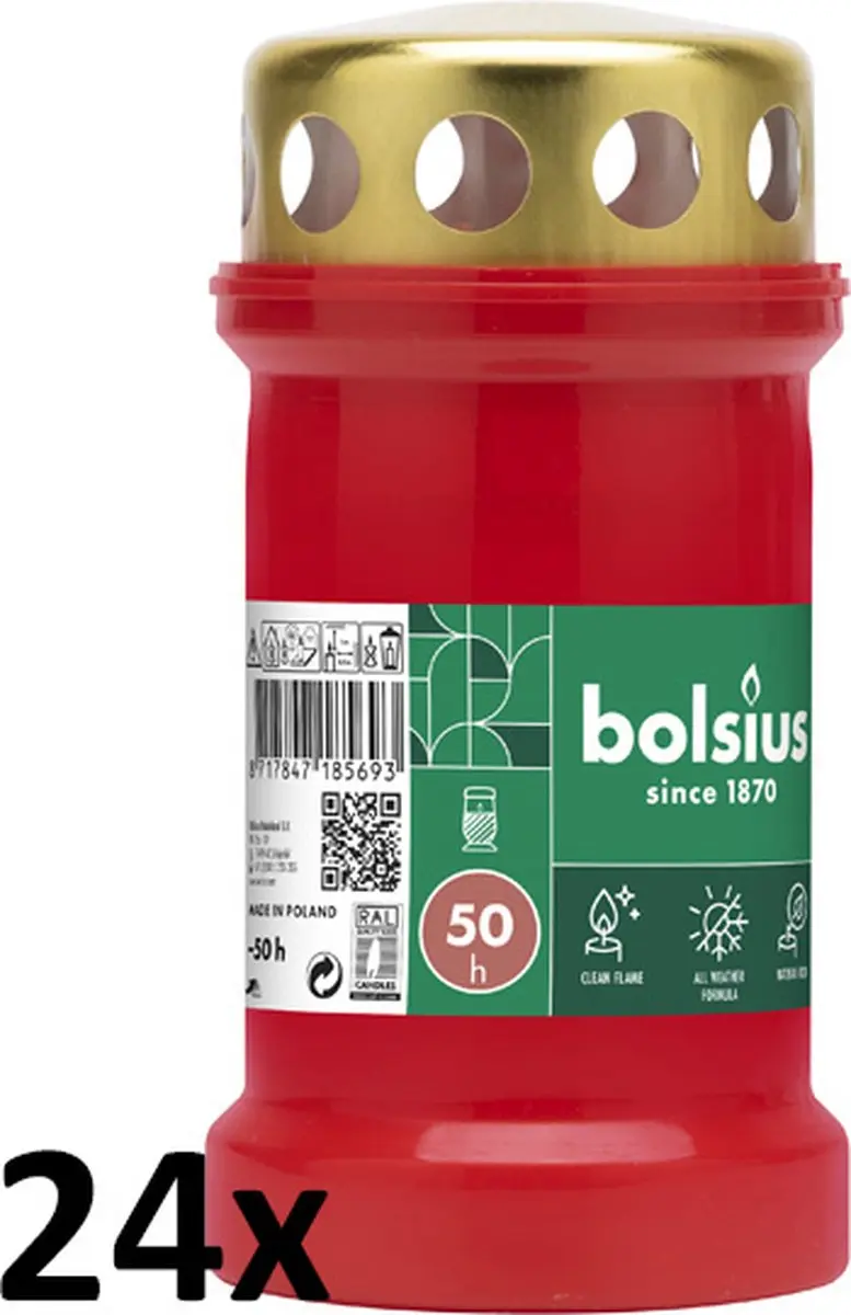 24 stuks Bolsius graflichten rood transparant met regen deksel nr. 3 133/67 (50