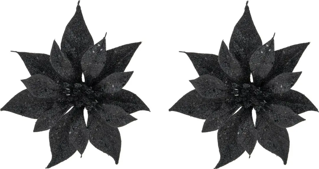 2x stuks decoratie bloemen kerststerren zwart glitter op clip 18 cm