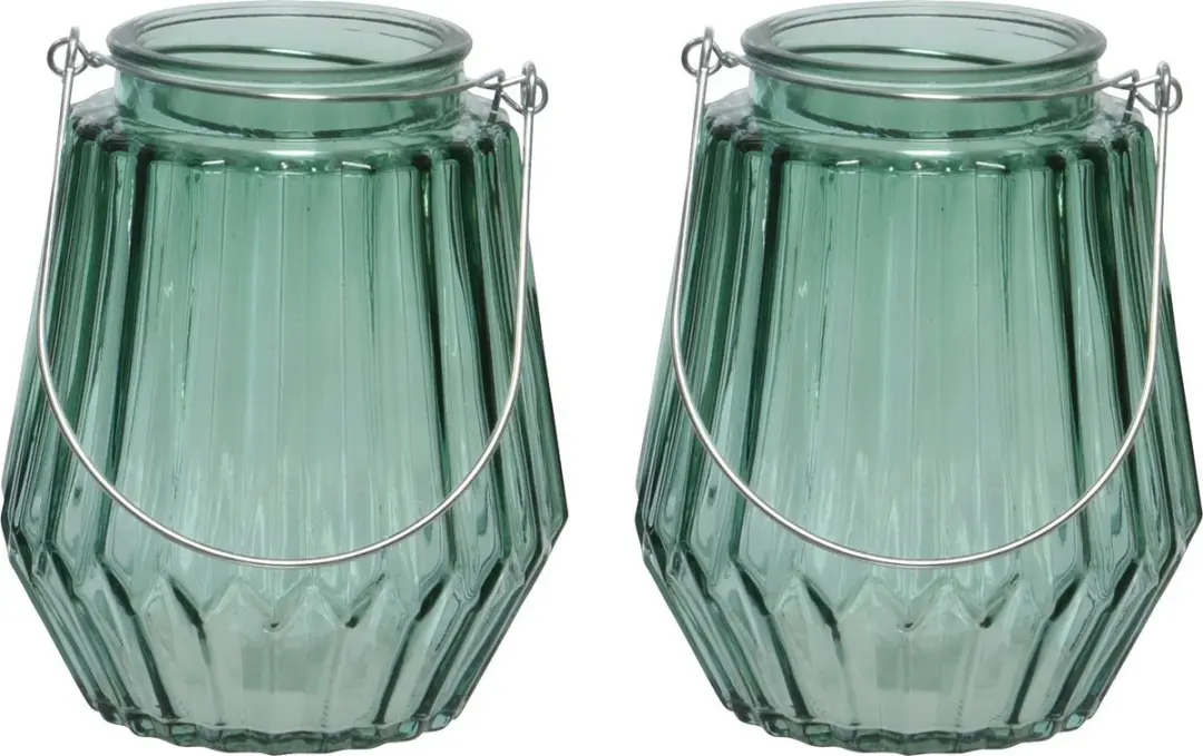 2x stuks theelichthouders/waxinelichthouders streepjes glas zeegroen met metalen