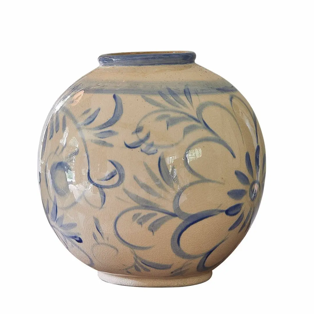Loberon Oviren Vaas - Ø27cm - Wit/Blauw - afbeelding 3 van 6