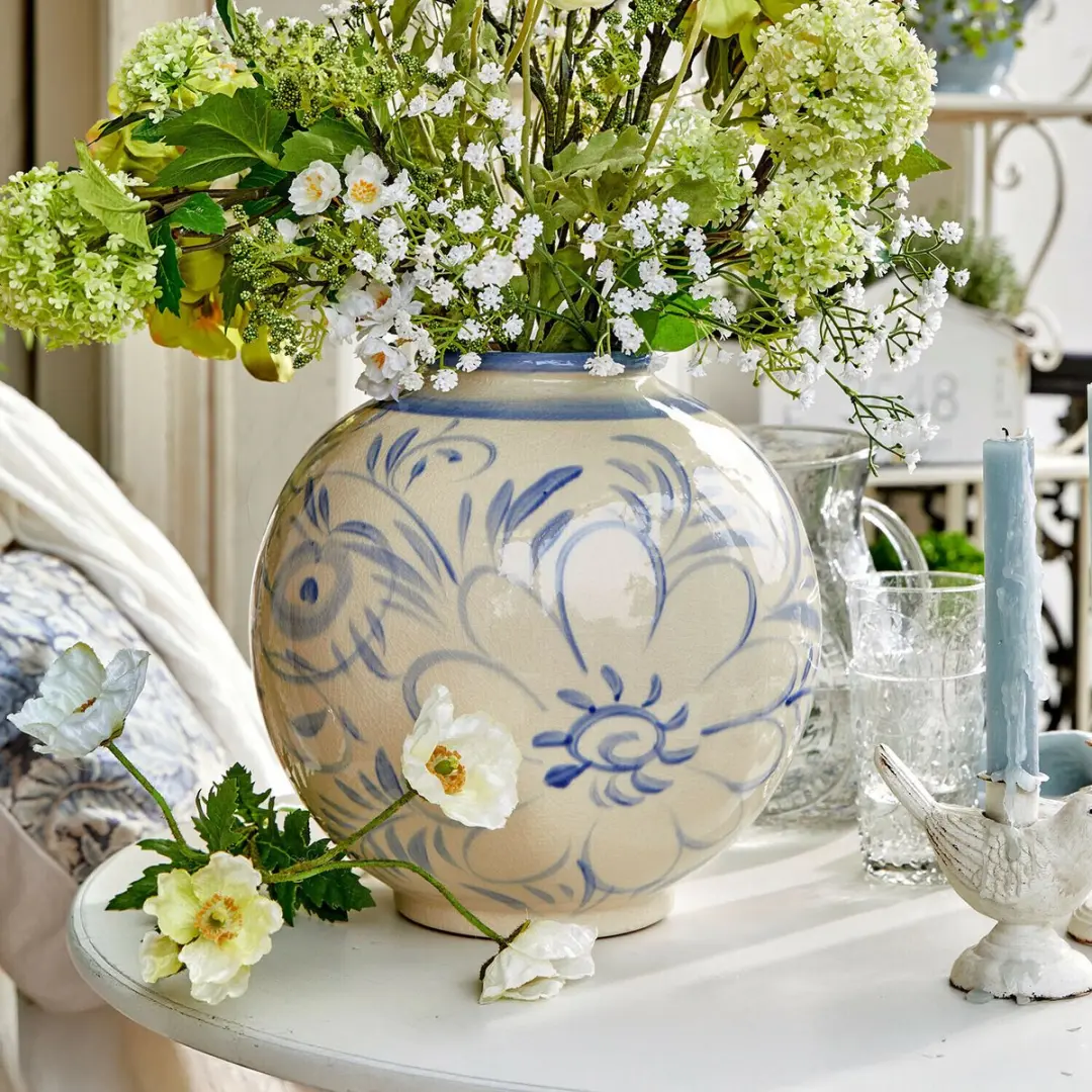 Loberon Oviren Vaas - Ø27cm - Wit/Blauw - afbeelding 2 van 6