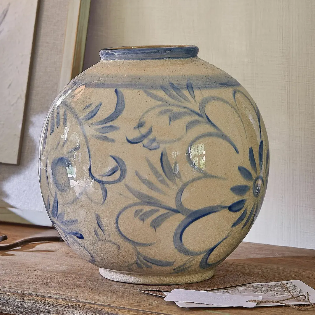 Loberon Oviren Vaas - Ø27cm - Wit/Blauw - afbeelding 5 van 6