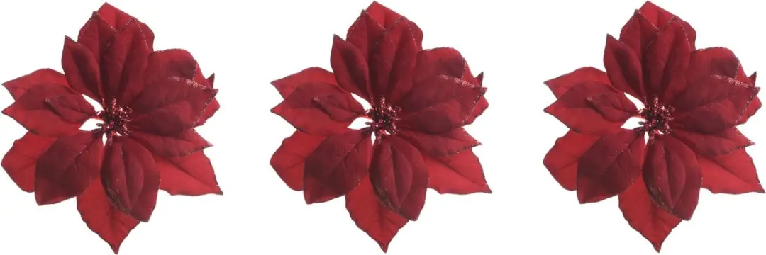 6x stuks decoratie bloemen kerstster rood glitter op clip 24 cm