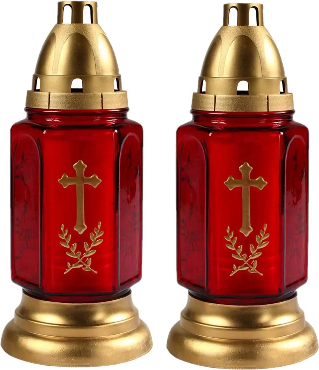 2x stuks grafkaarsen/gedenklichten met deksel rood/goud 11 x 24 cm