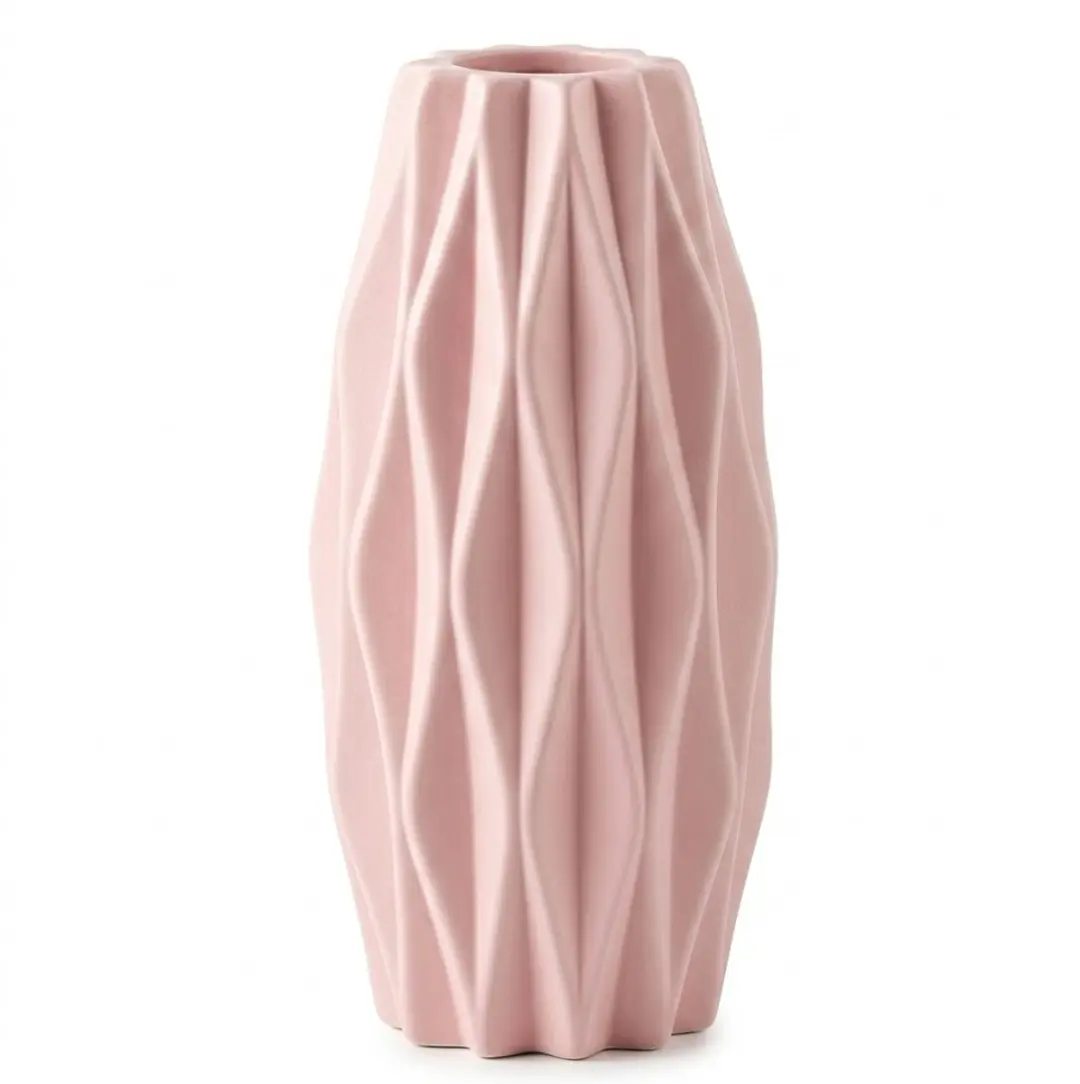 Roze vaas kunststof met reliëf structuur – smalle hoge bloemen vaas met keramiek look voor interieur decoratie woonkamer en eettafel