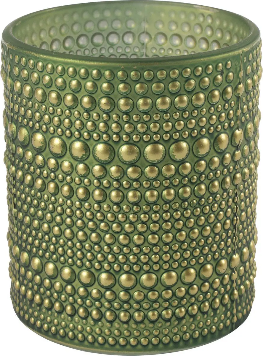 Countryfield Luxe theelichthouder - Aurora - glas - olijfgroen/goud - D8 x H10 cm