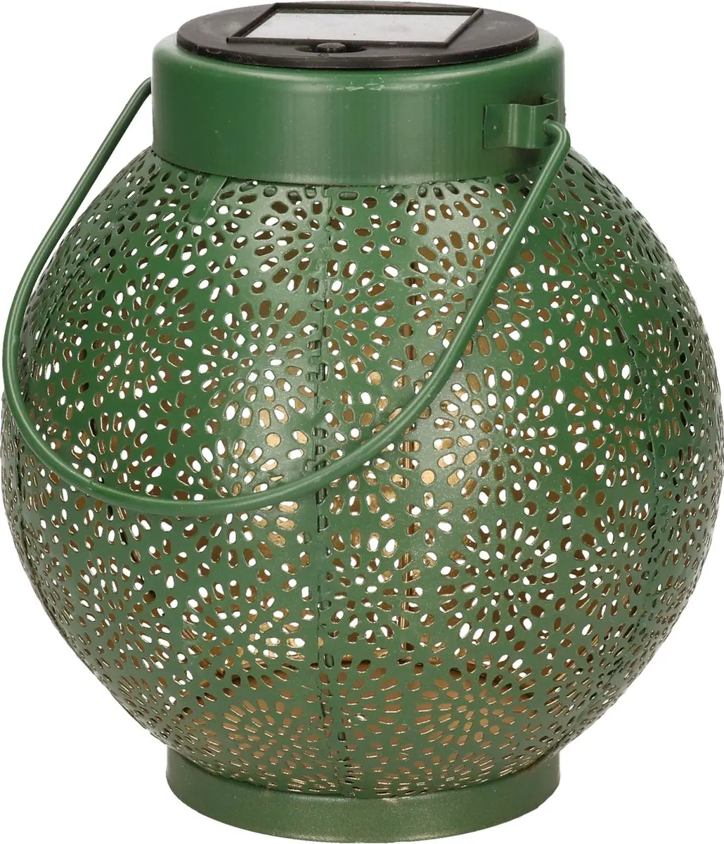 Solar lantaarn ijzer groen met cirkel patroon en hengsel 16 cm