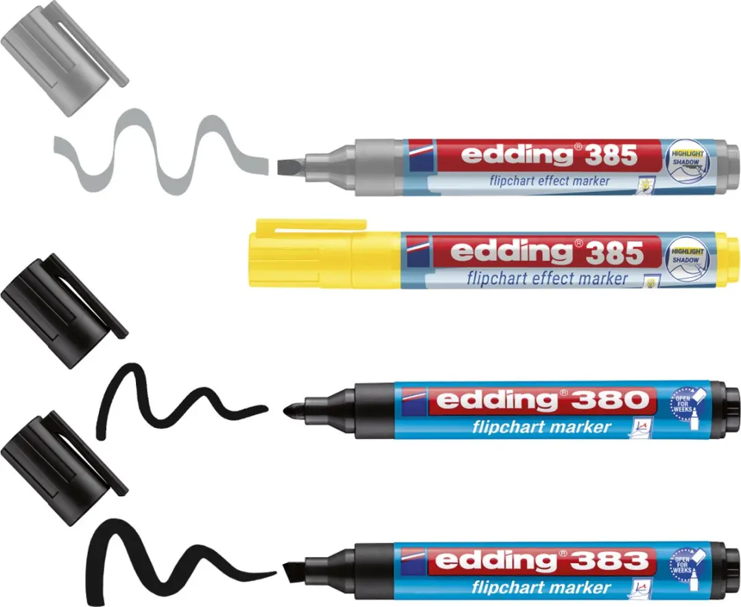 edding 385 Flipchartmarkers - 4 Stuks (Zwart/Grijs/Geel)