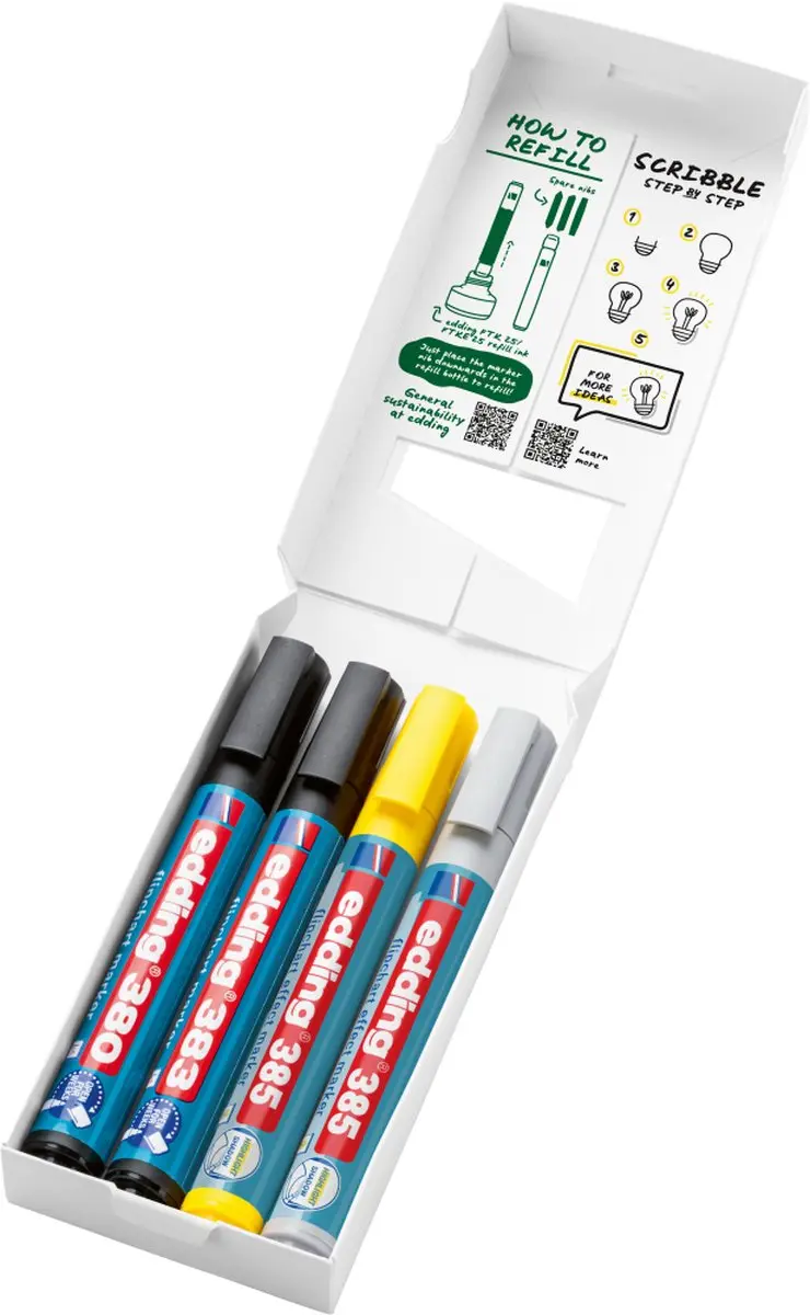 edding 385 Flipchartmarkers - 4 Stuks (Zwart/Grijs/Geel) - afbeelding 6 van 6